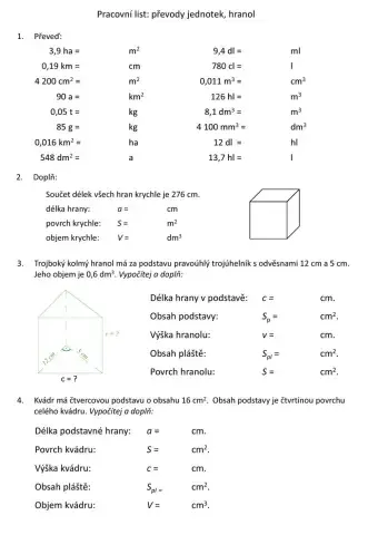 Hranol, převody jednotek