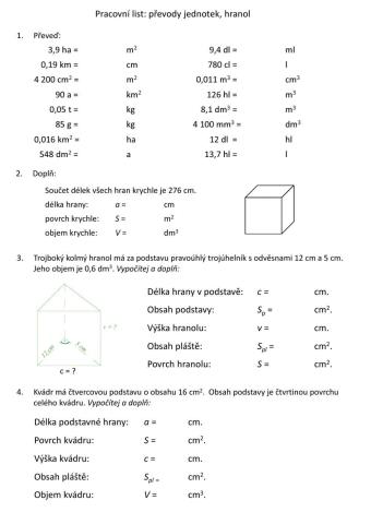 Hranol, převody jednotek