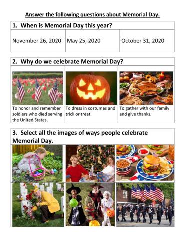 Memorial Day Worksheet
