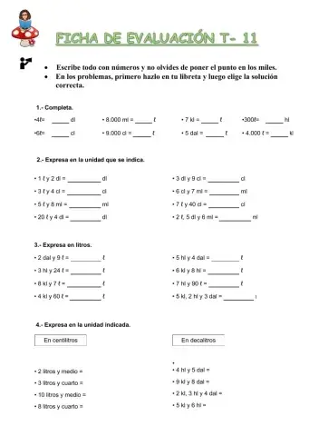 Ficha de evaluación de matemáticas T-11