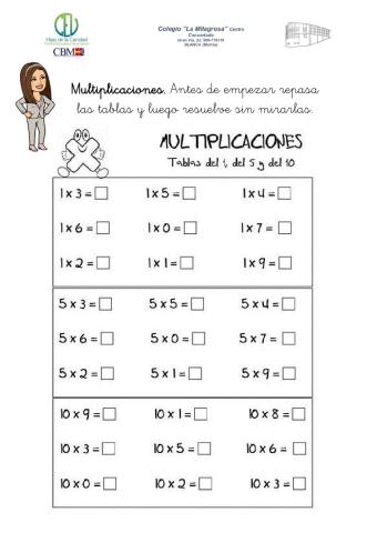 Multiplicaciones. Tablas 1, 5 y 10.