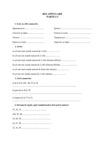 Matematică, clasa I, Recapitulare- partea I
