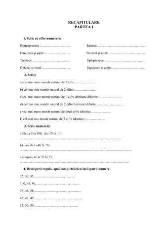 Matematică, clasa I, Recapitulare- partea I