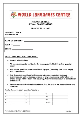 MJKPS FRENCH EXAM LEVEL 1