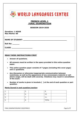 MJKPS FRENCH EXAM LEVEL 1