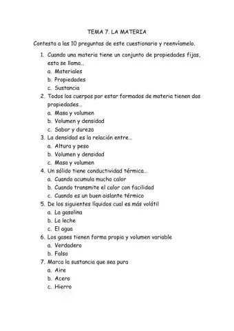 TEMA 7 LA MATERIA. CUESTIONARIO
