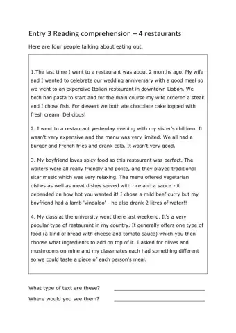 ESOL Entry 3 Reading Comp - 4 restaurants