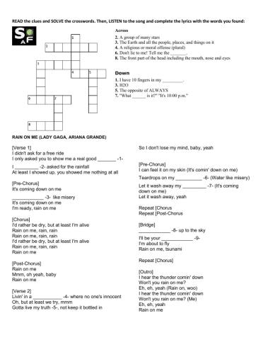 Rain on me crosswords & lyrics worksheet