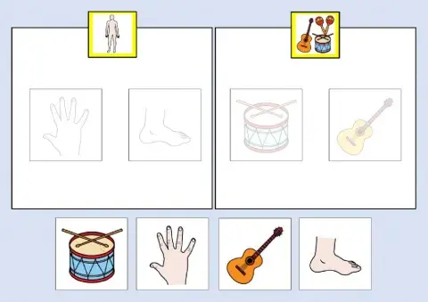 Classificare con aiuto visivo parti del corpo strumenti musicali