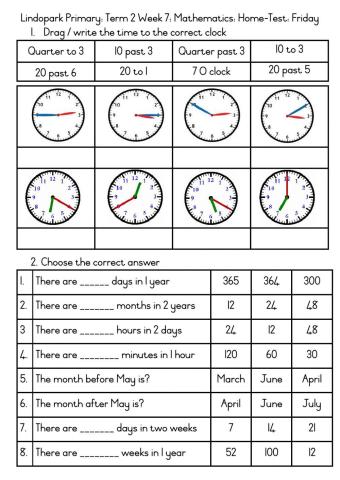 Grade 3 Term 2 Week 7 Mathmatics: Time Home-test: Friday