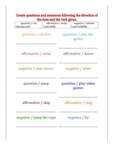 Abilities & Inabilities: sentences and questions
