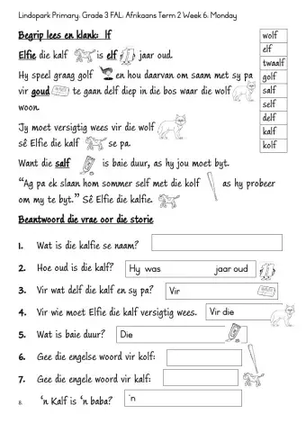 Grade 3 Term 2 Week 7 FAL:Afrikaans lf klank: Monday