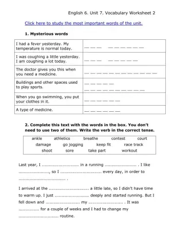 E6-U7-Ws2. Health, medicine and exercise. Sport.