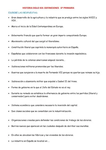DEFINICIONES HISTORIA SIGLO XIX 6º