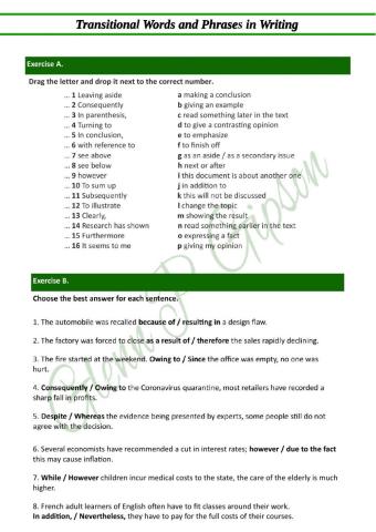 Transitional Words and Phrases in Writing