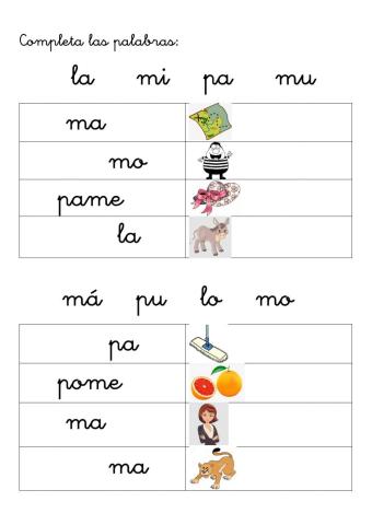 Formar palabras m, p, l.