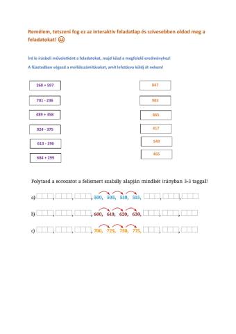Írásbeli összeadás, kivonás,sorozat