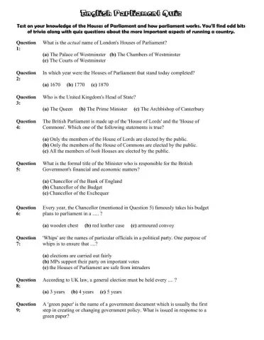 English Parliament and Royal Family Quiz