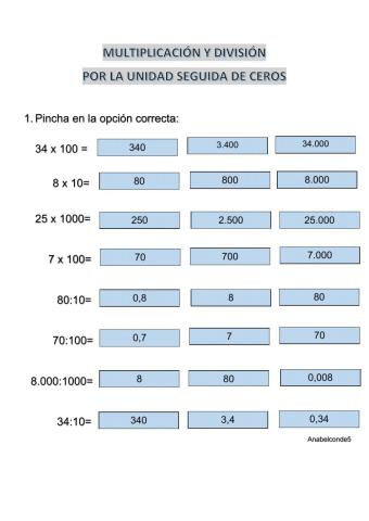 Multiplicación y división por la unidad seguida de ceros