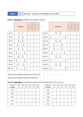 Révisions - 2 - Multiples et diviseurs
