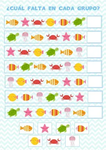 ¿Cuál falta? Animales marinos, 7 elementos