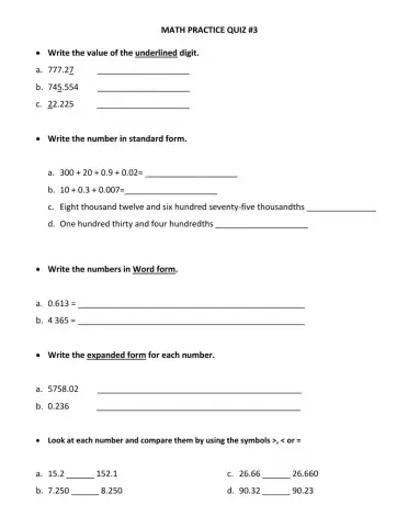 Whole and decimal numbers practice