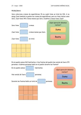 Problemas de matemáticas de sumas y restas con llevadas