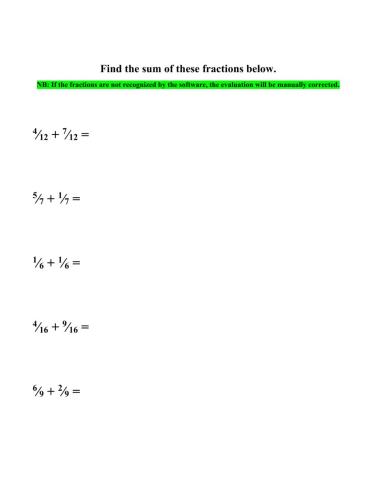 Addition of Fractions worksheet