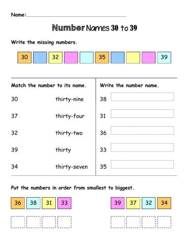 Number Names 30 to 39
