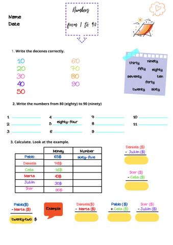 Numbers from 1 to 90