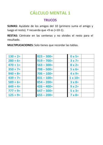 Cálculo mental sumas, restas y multiplicaciones