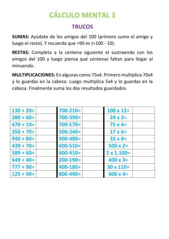 Cálculo mental sumas, restas y multiplicaciones