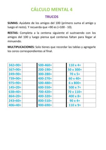 Cálculo mental sumas, restas y multiplicaciones