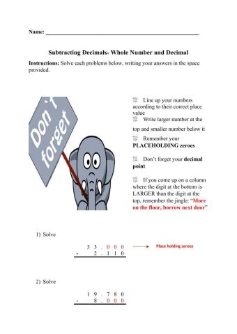 Subtraction of decimals- Decimal and Whole number