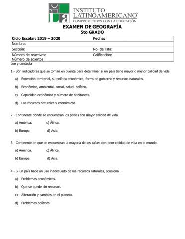 Examen de Geografía V bimestre