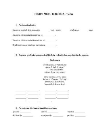 Odnosi među riječima - vježba