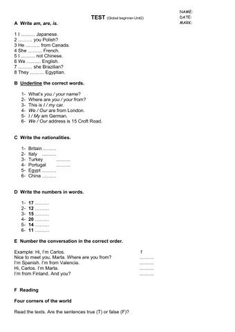 Global Beginner Test Unit 2