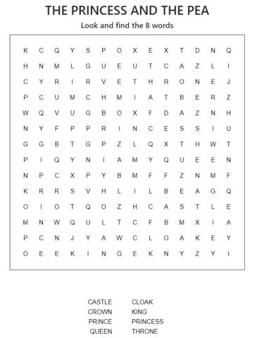 The princess and the pea - wordsearch