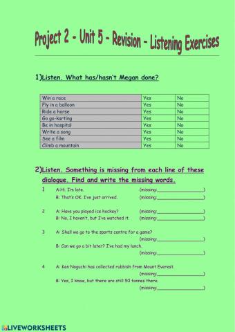 Project 3 Unit 5 Revision Listening Exercises