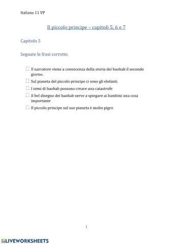 Comprensione scritta - Il Piccolo Principe - capitoli 5, 6, 7