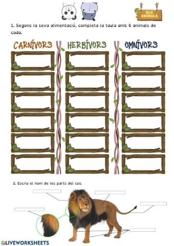 Classificar animals segons siguin carnívors, herbívors i omnívors