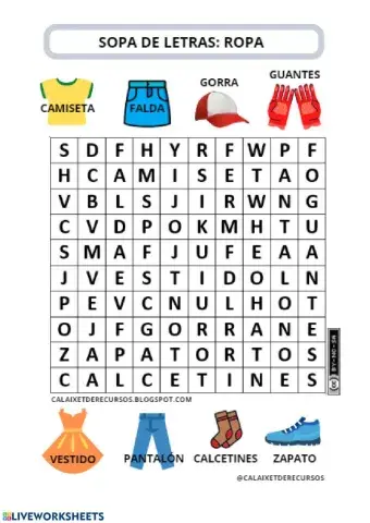 Sopa de letras: prendas de ropa