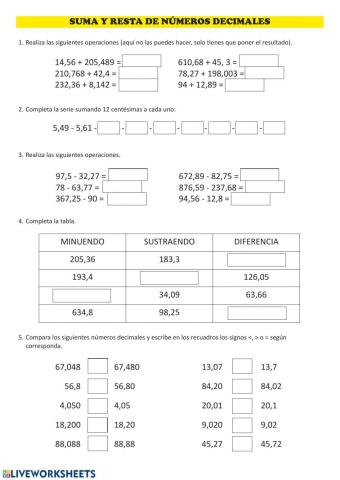 Suma y resta de números decimales