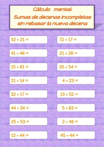 Cálculo mental de decenas incompletas