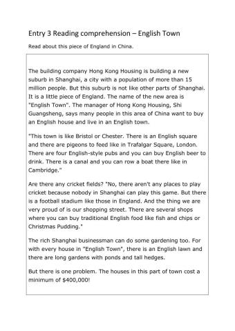 ESOL Entry 3 Reading Comp - English town