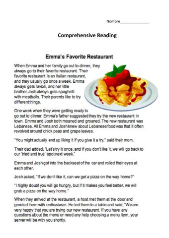 Comprehensive Reading: Emma's Favorite Restaurant