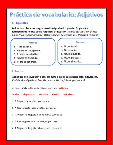 Práctica de Vocabulario: Adjetivos