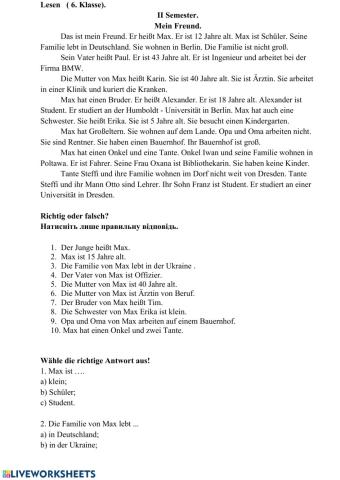 Контроль читання 6 класу (Lesen)