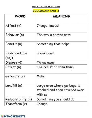Vocabulary Unit 7 Part 2: Talking About Trash
