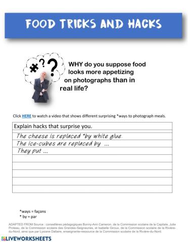 Food Hacks Grade 6 Answer Sheet